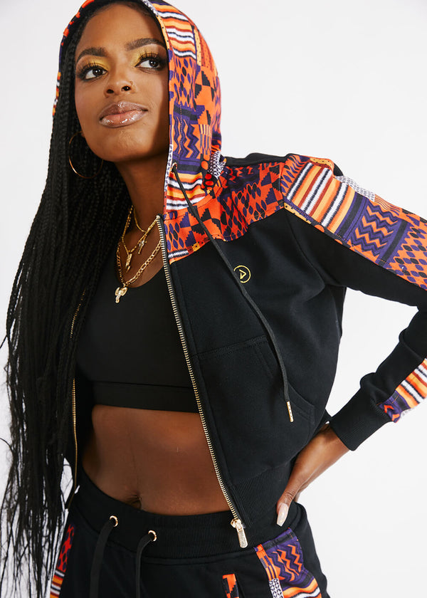 Mojuta Women's African Print Color-Blocked Zip-Up Hoodie (Black/Orange Navy Kente)