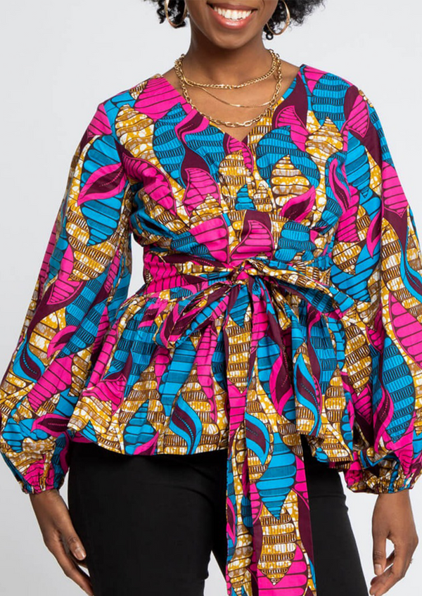 Omi Women's African Print V-Neck Peplum Blouse (Blue Pink Leaves) - Clearance