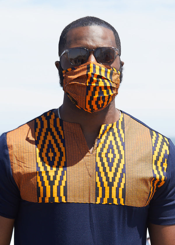 Uzo African Print 2 Layer Reusable Face Mask (Orange Navy Diamond)-Clearance
