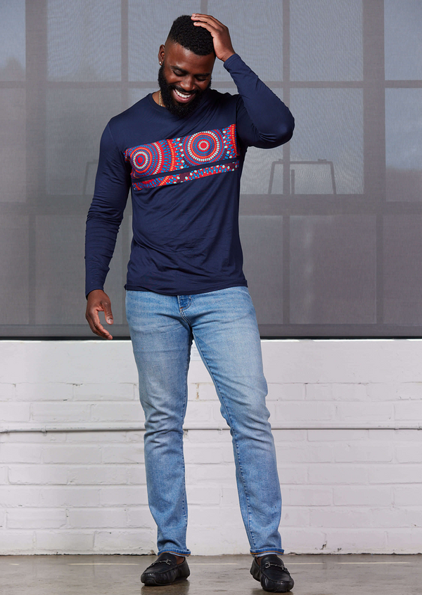 Ore Men's African Print Long Sleeve T-shirt (Navy/Red Indigo Circles)