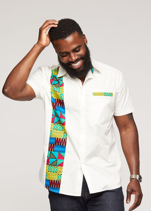 Tumelo Men's African Print Appliqué Button-Up Shirt (White/Royal Blue Gold Kente) -Clearance