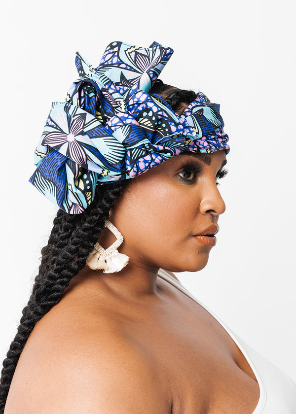 African Print Head Wrap/Scarf (Light Blue Pink Iris)