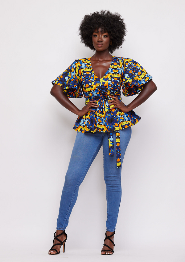 Hamama Women's African Print Peplum Top (Blue Yellow Geometric)