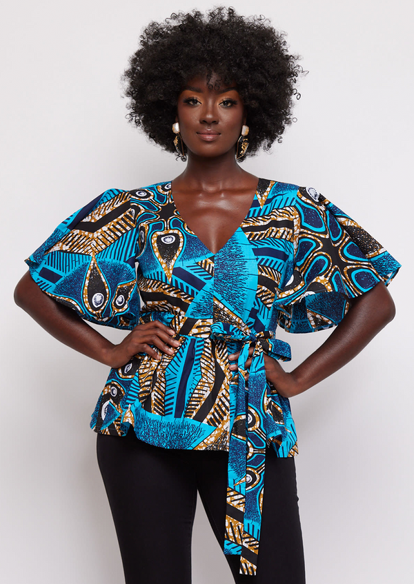 Hamama Women's African Print Peplum Top (Sky Blue Flowers)