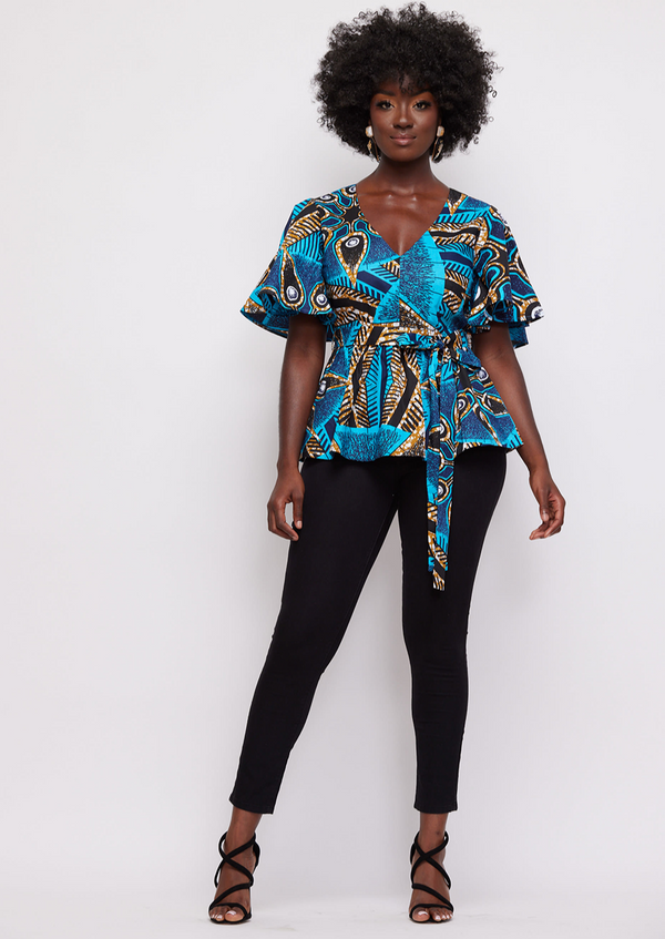 Hamama Women's African Print Peplum Top (Sky Blue Flowers)