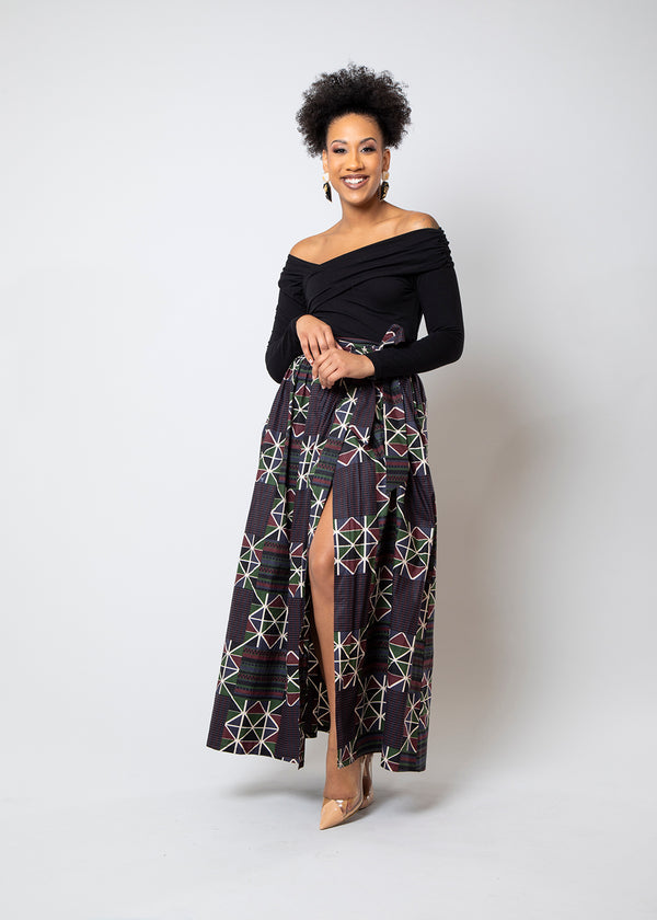 Kimiya Women's African Print Faux Wrap Skirt (Black Red Kente)