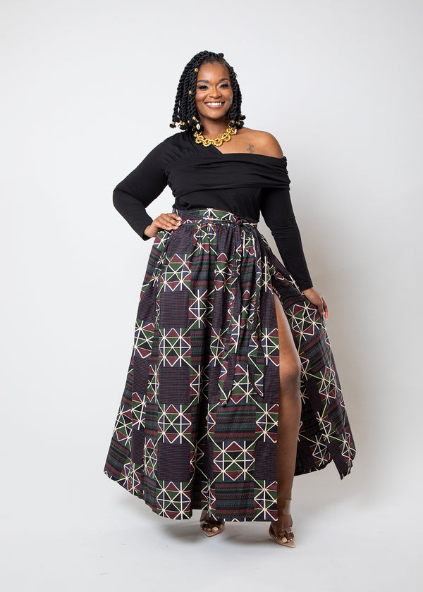 Kimiya Women's African Print Faux Wrap Skirt (Black Red Kente)