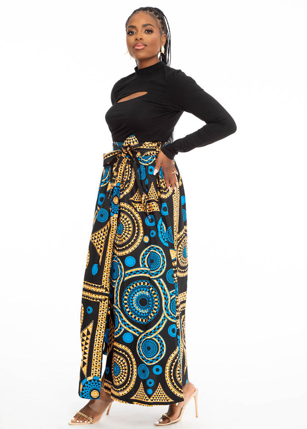 Kimiya Women's African Print Faux Wrap Skirt (Blue Mandala)