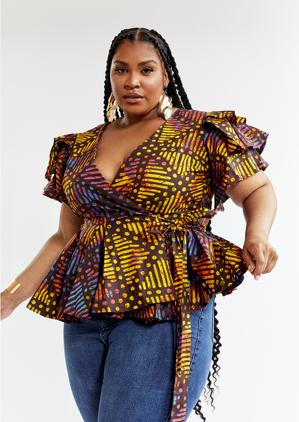 Sankofa Women's African Print Peplum Top (Sunset Adire)