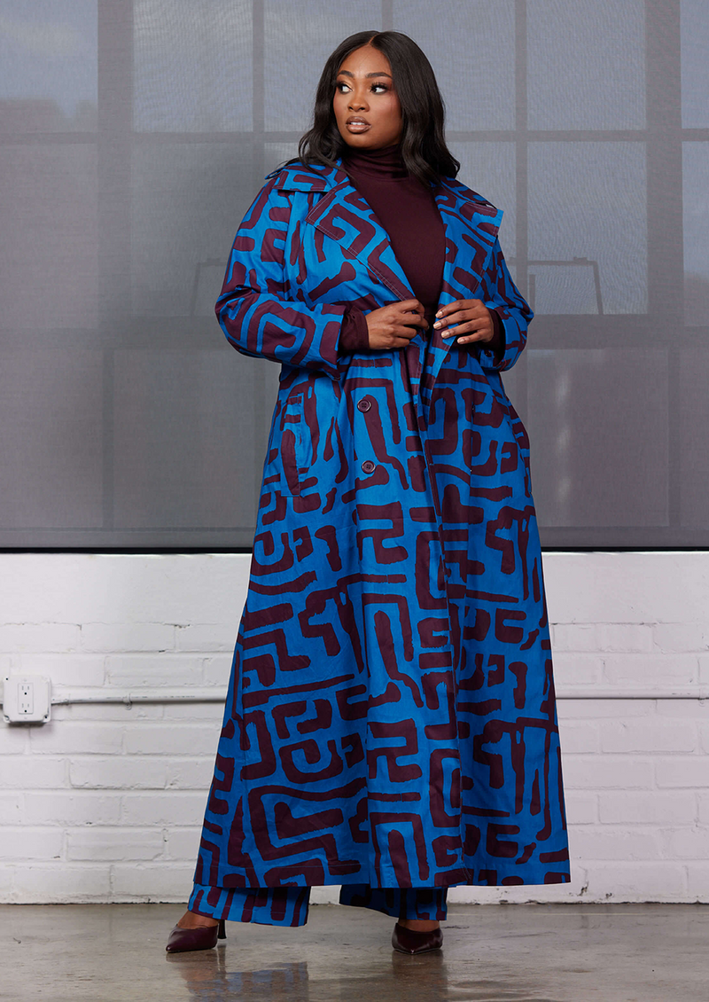 Taraji Women's African Print Trench Coat (Fig Blue Geometric)