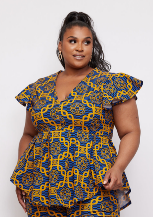 Zera Women's African Print Stretch Peplum Top (Blue Gold Adinkra)