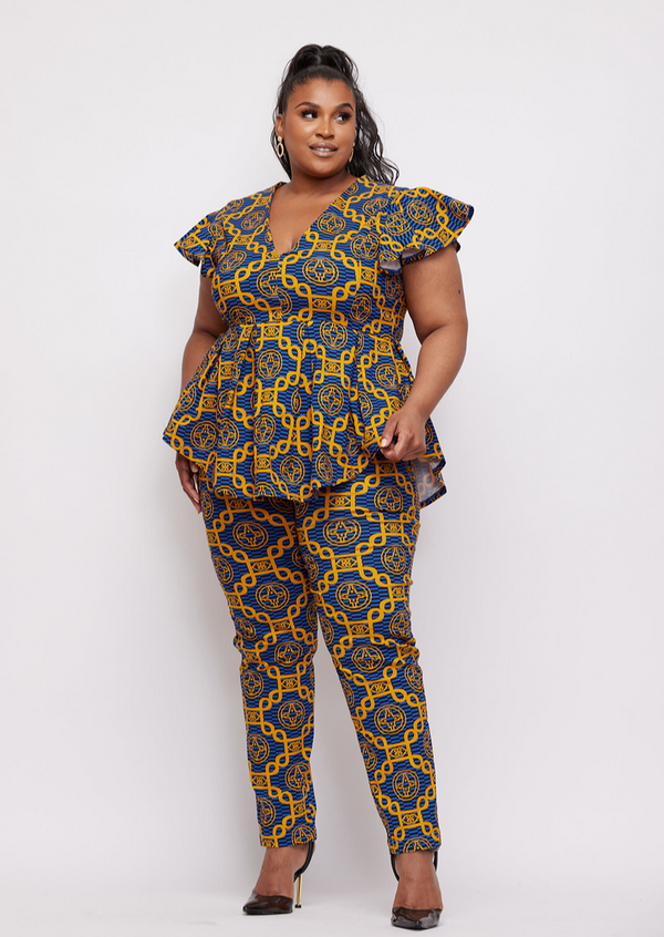 Talia Women's African Print Stretch Pants (Blue Gold Adinkra)