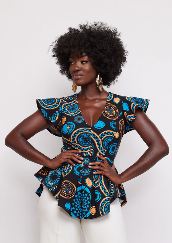 Zera Women's African Print Stretch Peplum Top (Blue Mandala)