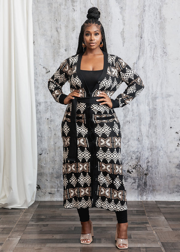 Aisha Women's African Print Cardigan (Black Tan Batik)