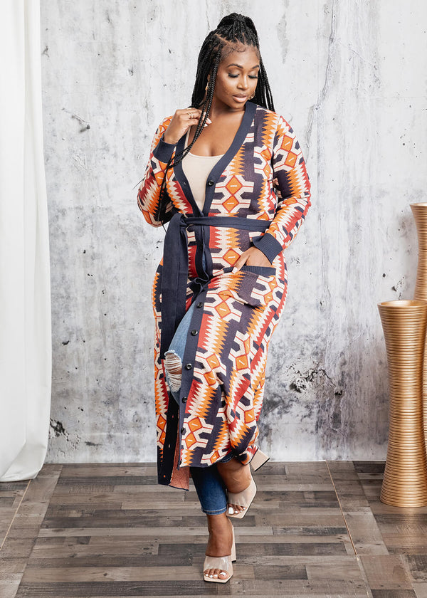 Aisha Women's African Print Cardigan (Cream Orange Kente)