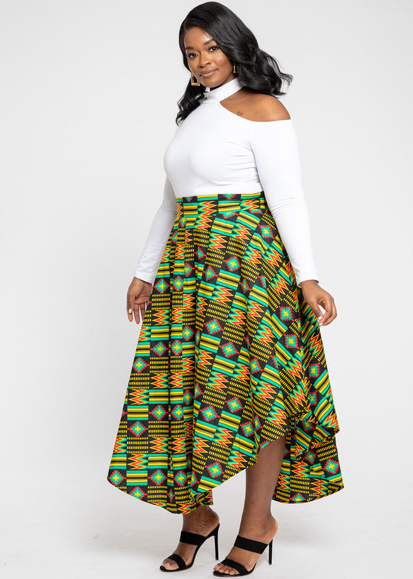 Didara Women's African Print Gathered Triangle Maxi Skirt (Black Green Kente) - Clearance