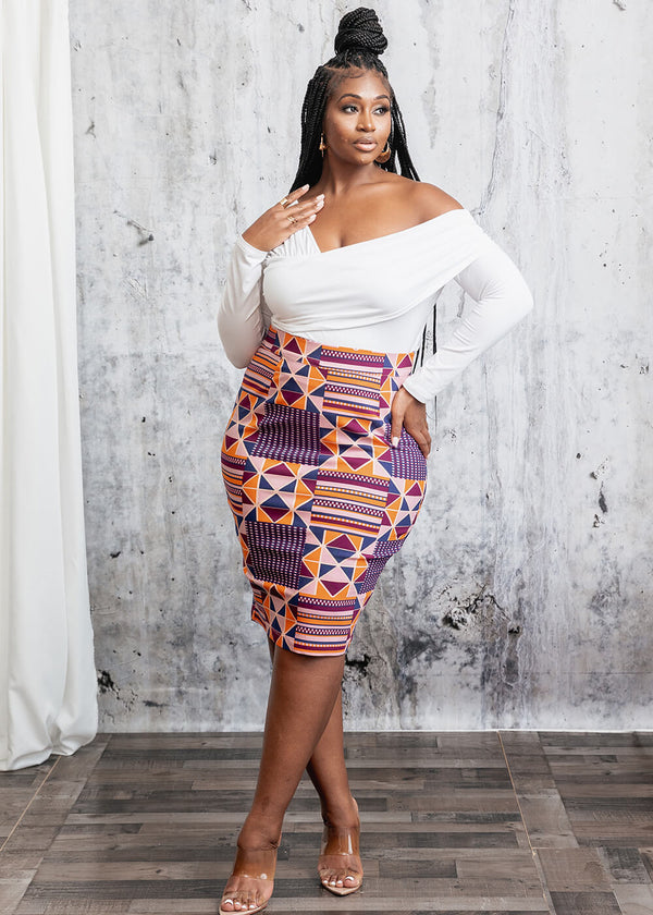 Hadiza Women's African Print Stretch Woven Pencil Skirt (Orange Purple Kente) - Clearance