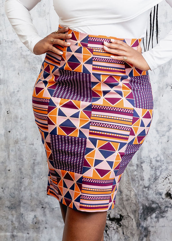 Hadiza Women's African Print Stretch Woven Pencil Skirt (Orange Purple Kente) - Clearance