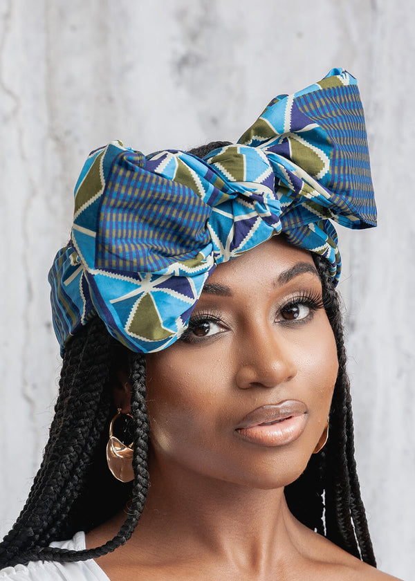 African Print Head Wrap/Scarf (Navy Olive Kente) - Clearance