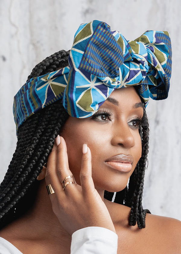 African Print Head Wrap/Scarf (Navy Olive Kente) - Clearance