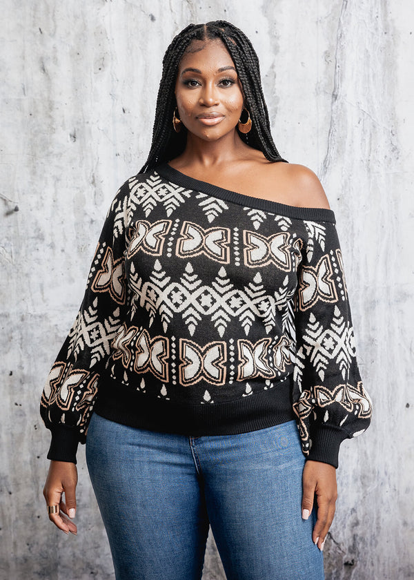 Hiba Women's African Print Off-Shoulder Sweater (Black Tan Batik)
