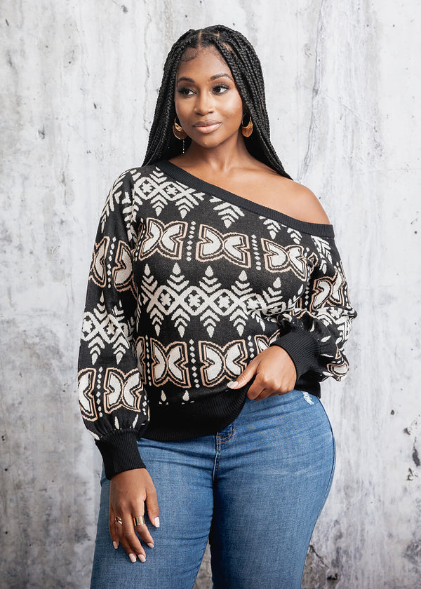 Hiba Women's African Print Off-Shoulder Sweater (Black Tan Batik)
