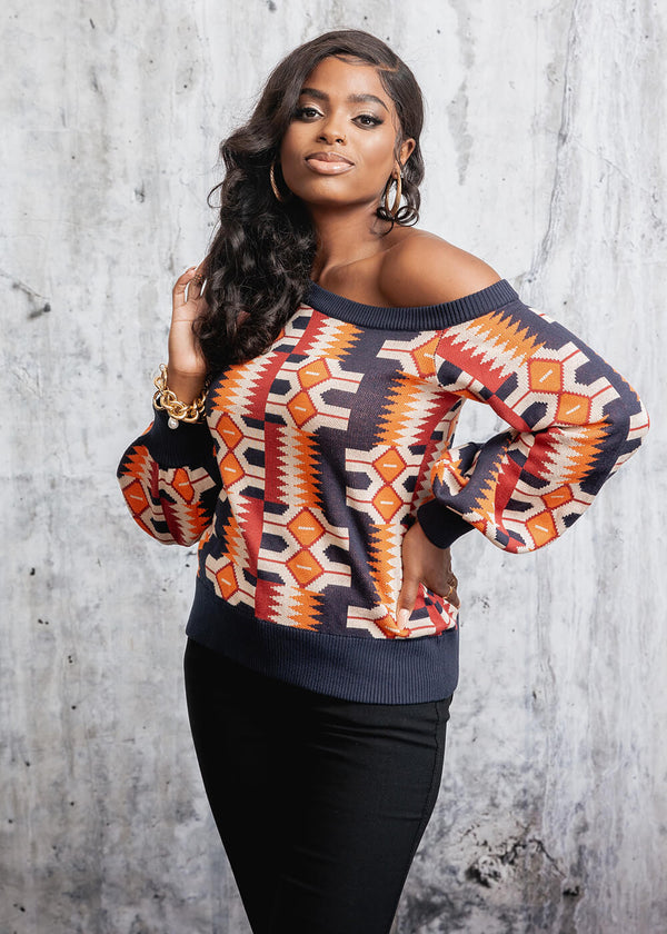 Hiba Women's African Print Off-Shoulder Sweater (Cream Orange Kente)