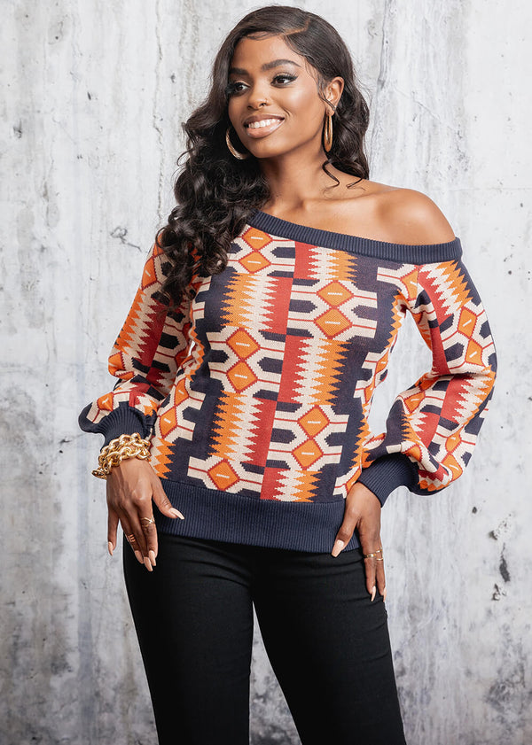 Hiba Women's African Print Off-Shoulder Sweater (Cream Orange Kente)