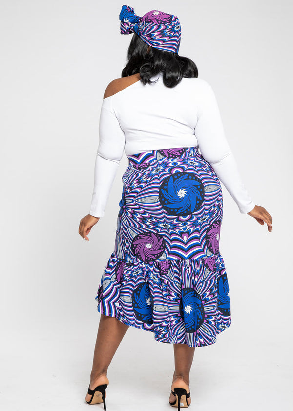 Mikali Women's African Print Stretch Woven Tiered Pencil Skirt (Purple Blue Flowers)- Clearance