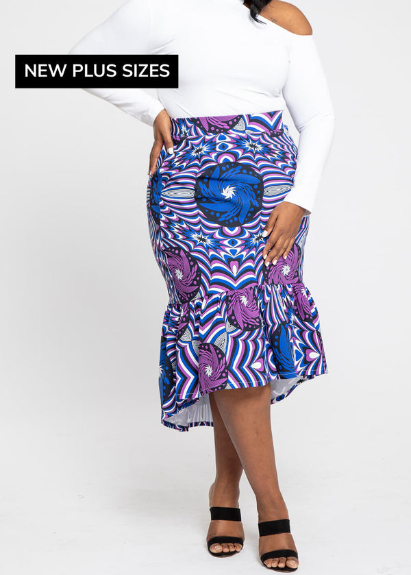 Mikali Women's African Print Stretch Woven Tiered Pencil Skirt (Purple Blue Flowers)- Clearance
