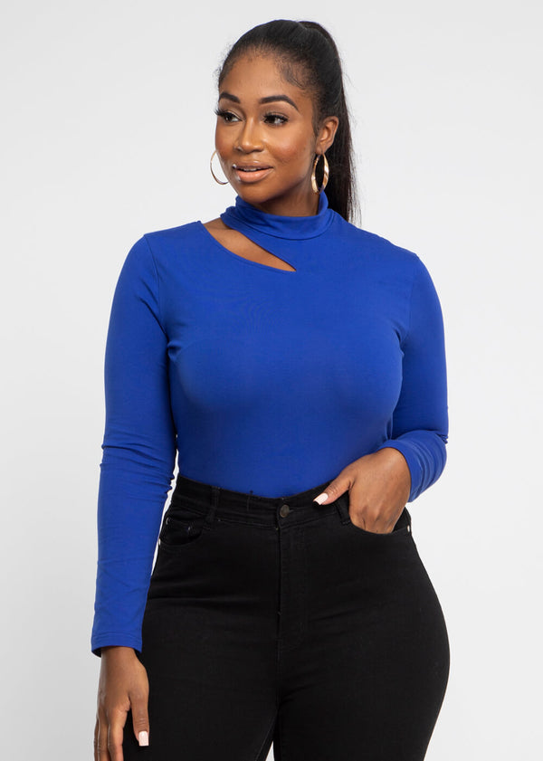 Yin Women's Cut-Out Turtle Neck  Top (Blue) - Clearance