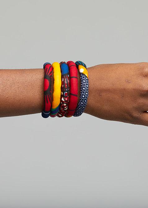 Accessories - Asabi Women's African Print Layered Bangle Bracelet (Mixed Tribal Prints)