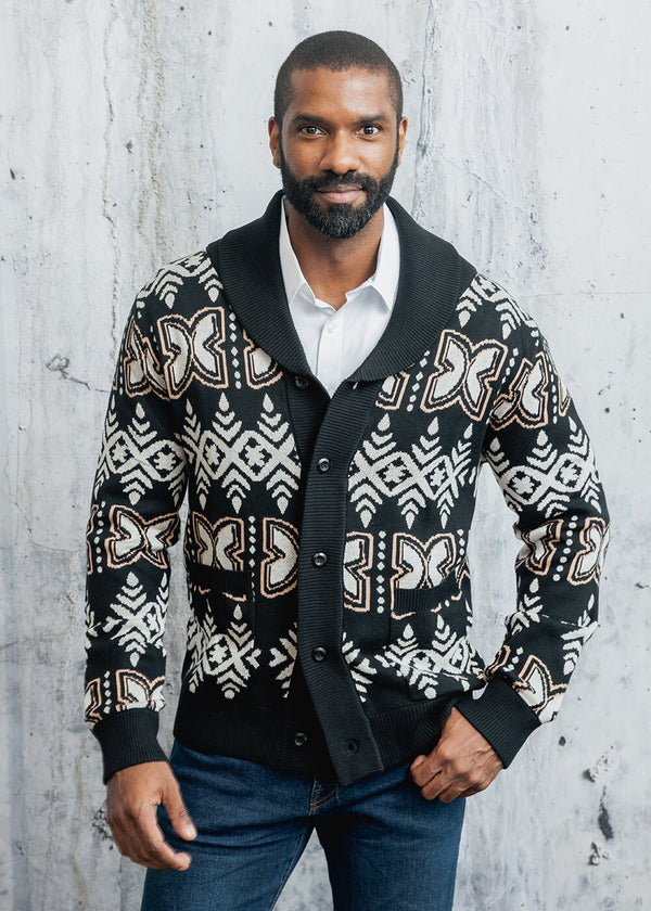 Aren African Print Button-Up Cardigan Sweater (Black Tan Batik)
