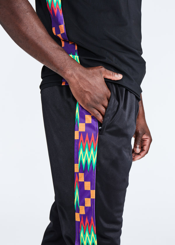 Lagbara Men's African Print Color Blocked Track Pants (Black/Purple Green Kente)- Clearance
