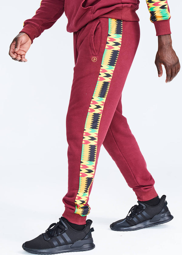 Oloyo Men's African Print Color Blocked Jogger (Maroon/Gold Maroon Kente) - Clearance