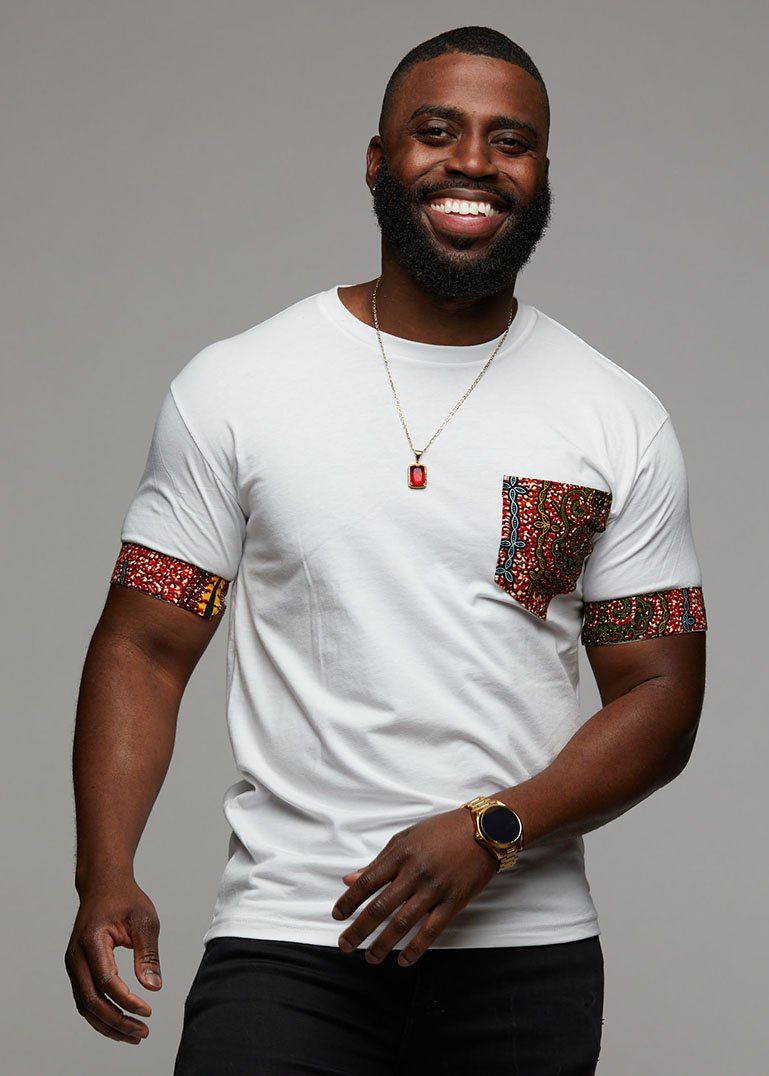 Men's Tops - Seun Men's African Print T-Shirt With Pocket (Orange Tortoise Back))