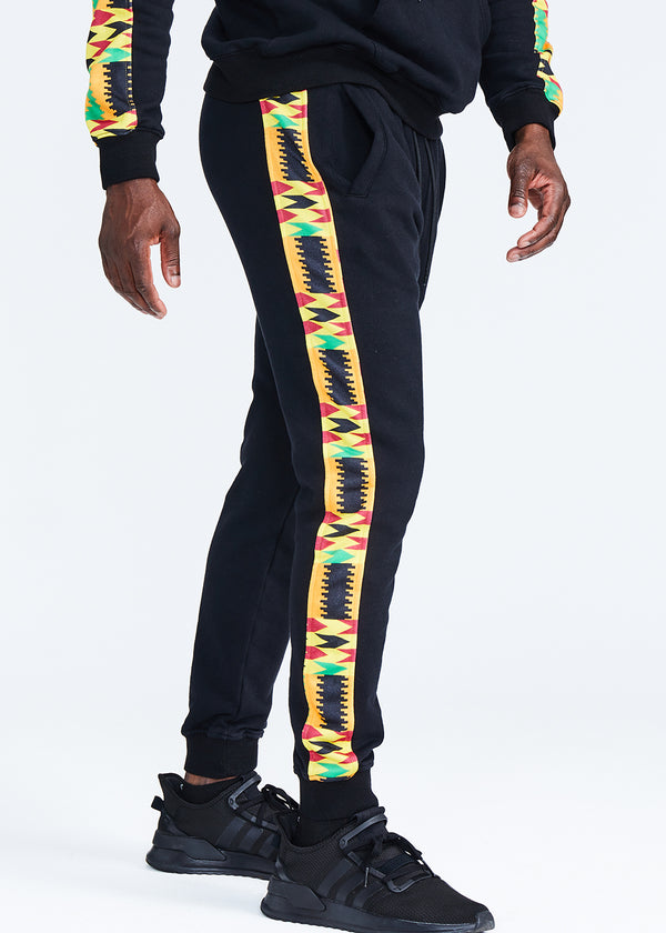 Oloyo Men's African Print Color Blocked Jogger (Black/Gold Maroon Kente) - Clearance