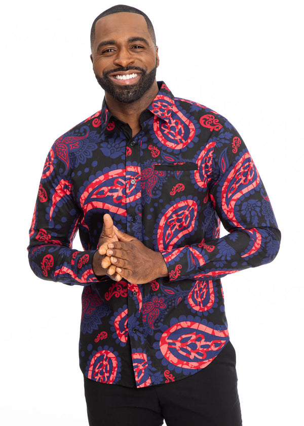 Chane Men's African Print Button-Up Shirt (Black Maroon Paisley) - Clearance