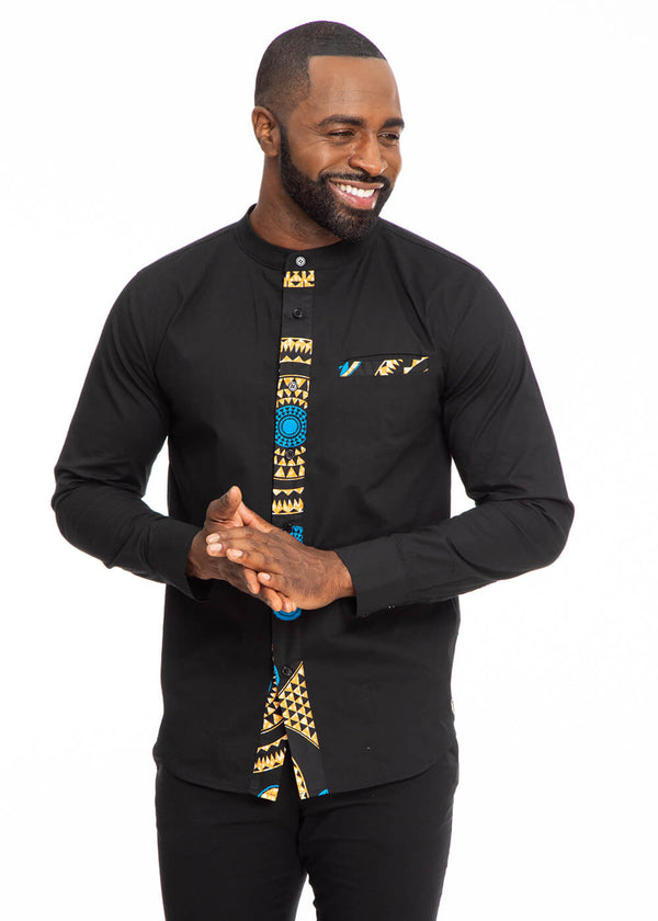Ireti Men's African Print Button-Up Shirt (Black/Blue Mandala)