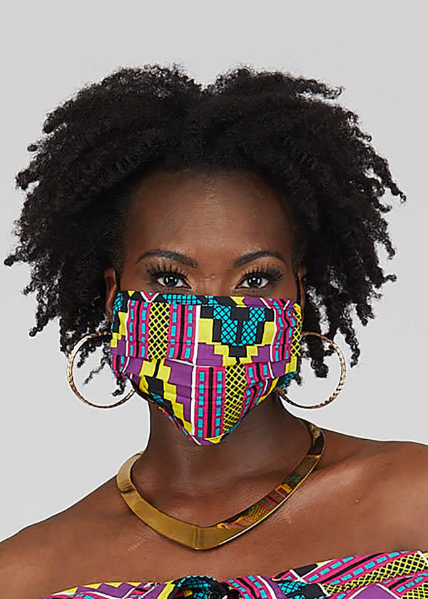 Uzo African Print 2 Layer Reusable Face Mask (Purple Turquoise Kente)-Clearance