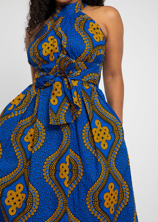 Ronke Women's African Print Maxi Dress (Gold Blue Motif)