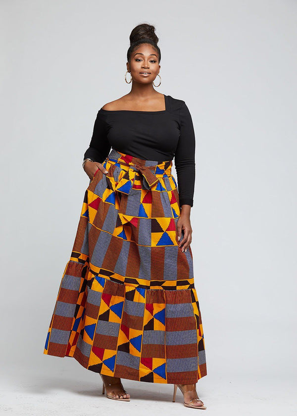Nyah Women's African Print Maxi Skirt with Tie (Gold Red Kente) - Clearance