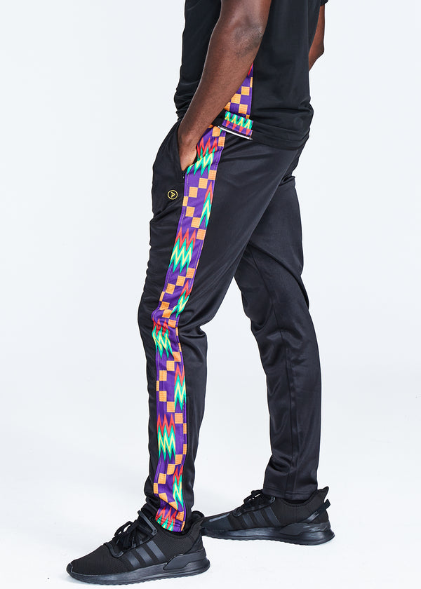 Lagbara Men's African Print Color Blocked Track Pants (Black/Purple Green Kente)- Clearance