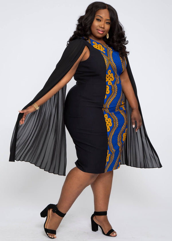 Iyebiye Women's African Print Stretch Woven Cape Sleeve Dress (Black/Gold Blue Motif)- Clearance