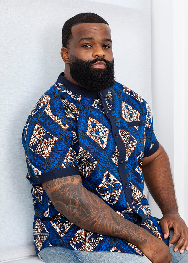 Olu Men's African Print Mandarin Collar Shirt (Blue Tan Diamonds)