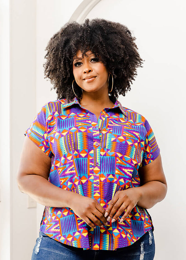 Tahiya Women's African Print Button-Down (Rainbow Kente)