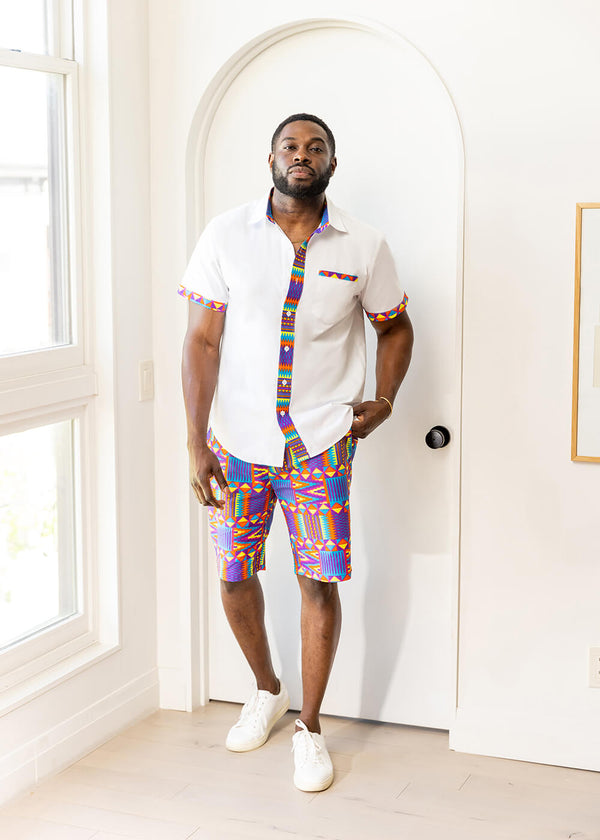 Kanai Men's African Print Color-Blocked Button-Up Shirt (White/Rainbow Kente)
