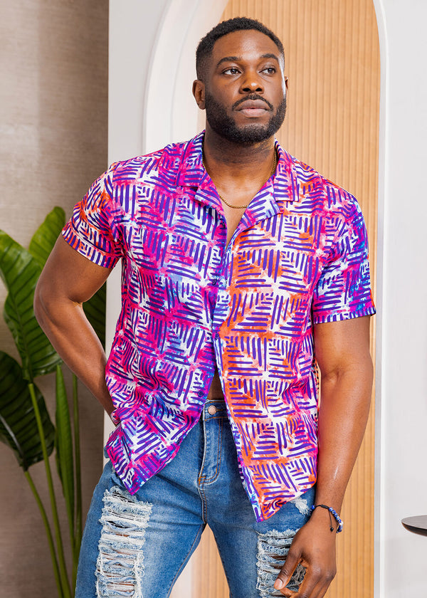 Malik Men's African Print Lightweight Button-Up Shirt (Blue Raspberry Adire)