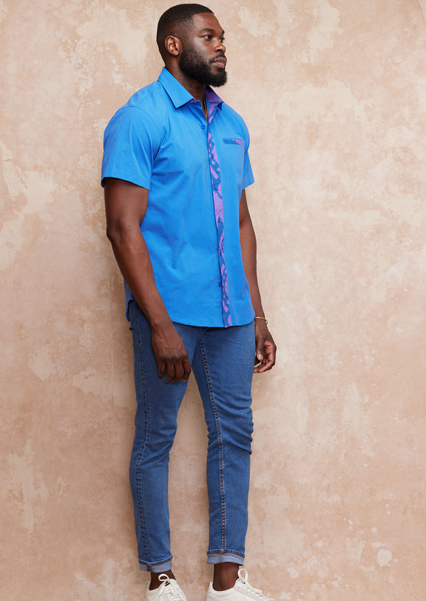 Ekon Men's Color-Blocked Button-Up Shirt (Blue/Purple Blue Batik) -Clearance