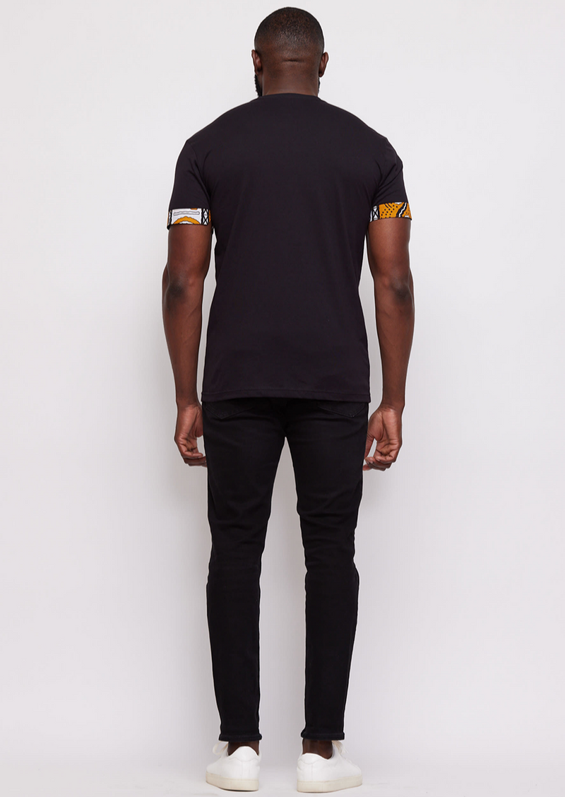Seun Men's African Print Applique T-shirt (Black/Gold White Mudcloth) -Clearance